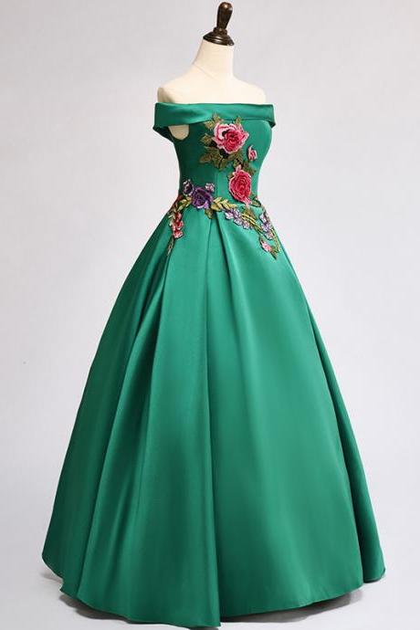 Charming Green Satin Off Shoulder Long Party Dress With Flowers, Green Formal Dress