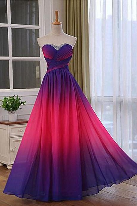 Unique Gradient Chiffon Beaded Long Prom Dress, A-line Floor Length Formal Dress