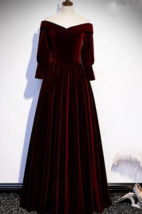 Beautiful Burgundy Velvet Floor Length Party Dress, Off Shoulder Bridesmaid Dress
