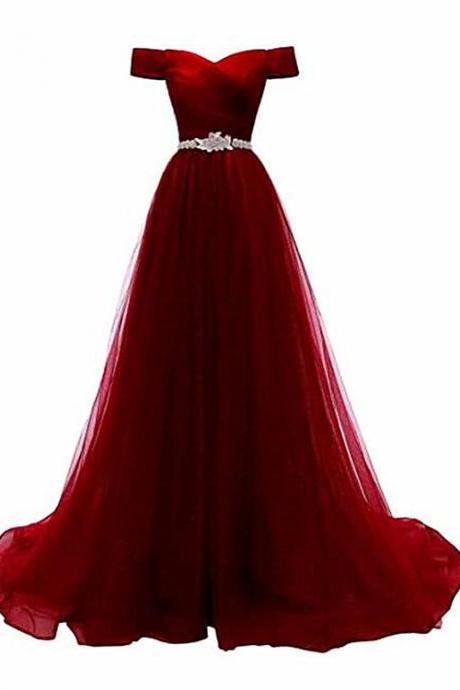 Beautiful Burgundy Sweetheart Long Prom Dress, A-line Off Shoulder Evening Dress