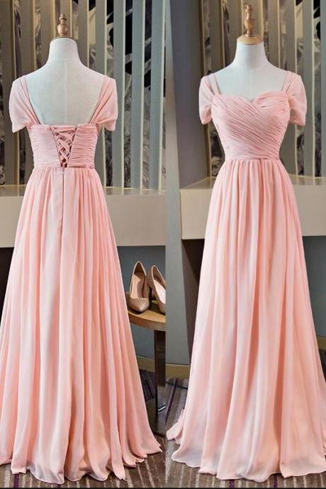 Pink Cap Sleeves Chiffon A-line Party Dress, Pink Bridesmaid Dress