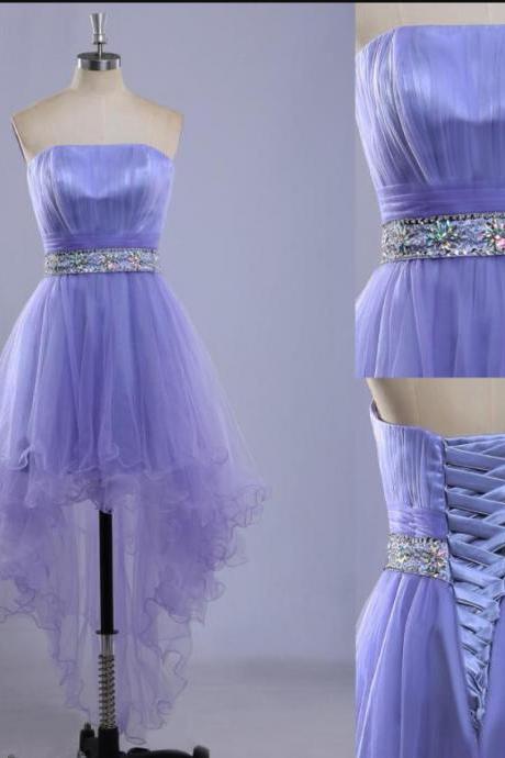 Lavender Tulle High Low Beaded Teen Party Dress, Short Prom Dress Homecoming Dress
