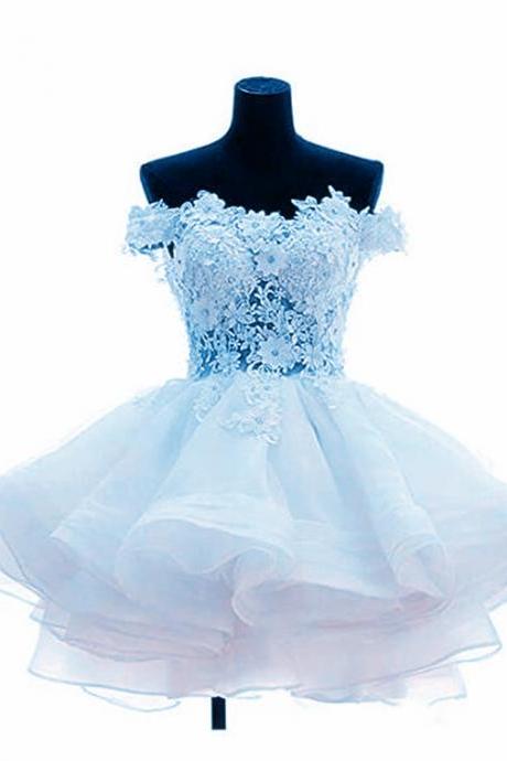 Light Blue Lace Applique Off Shoulder Party Dress, Short Prom Dress Homecoming Dress
