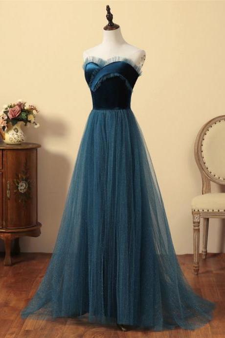 Elegant Tulle And Velvet Tea Blue Long Formal Dress, A-line Party Dress Evening Dress