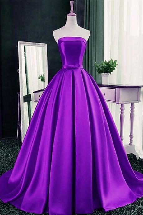 Glam Purple Floor Length Satin Long Junior Prom Dress, Purple Formal Dress