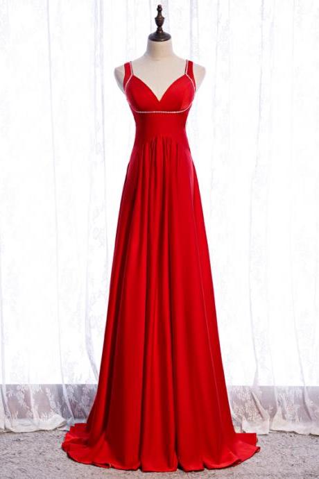 Red Satin Long Sexy Backless Long Straps Formal Dress, Red Prom Dress 2021