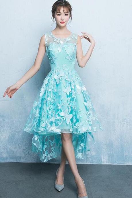 High Low Lace Mint Green Round Neckline Party Dress, Lace Prom Dress 2021
