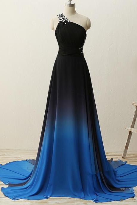 Charming Gradient Blue Beaded Chiffon Prom Dress, Blue Long Party Dress