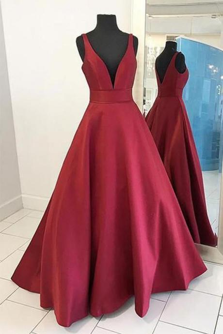 Dark Red Satin Deep V-neckline Long Prom Dress, Burgundy Party Dress Evening Dress