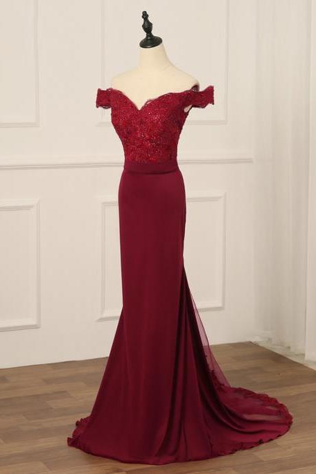 Wine Red Mermaid Lace Top Off Shoulder Prom Dress, Burgundy Evenin Dress