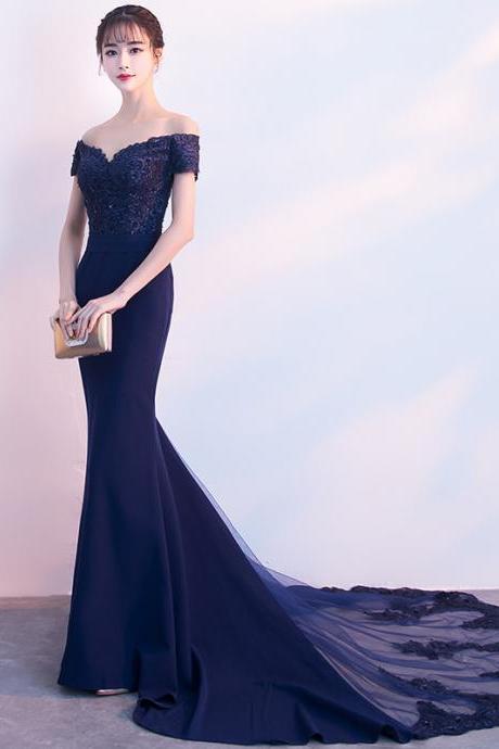 Navy Blue Spandex Mermaid Off Shoulder Prom Dress With Lace, Blue Evening Dress Formal Dress