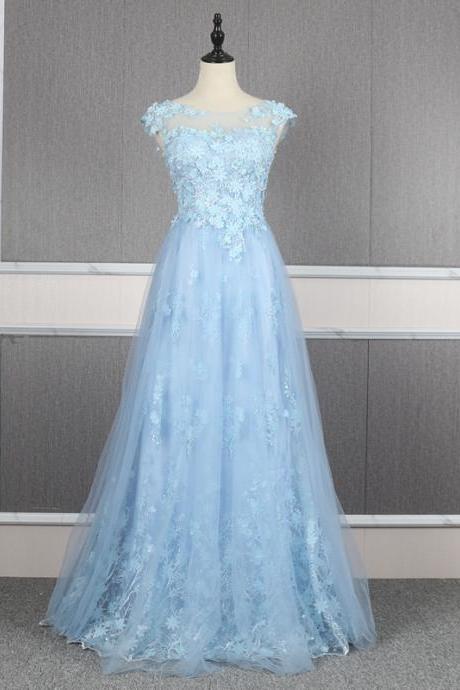 Cute Flowers Light Blue Tulle A-line Prom Dress, Floor Length Party Dres, Formal Dress