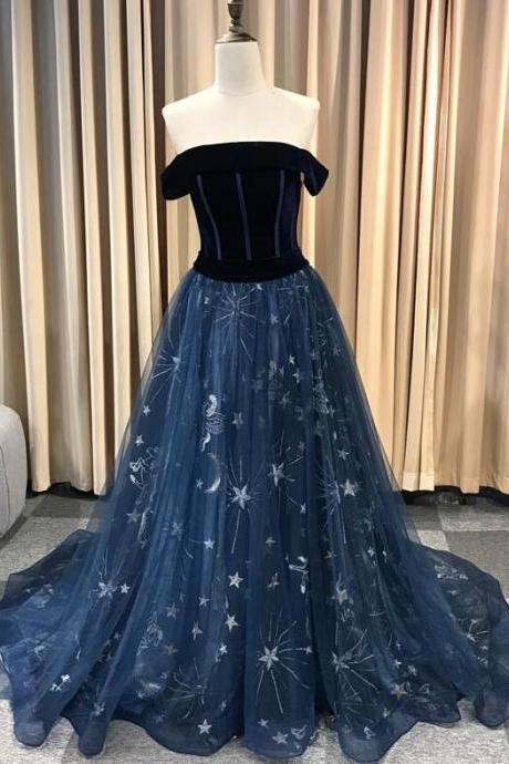 Navy Blue Tull Floral Long Off Shoulder Evening Dress, Style Prom Dress Party Dress
