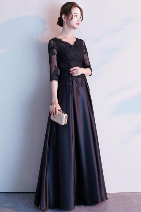 Black Short Sleeves Lace A-line Bridesmaid Dress, Black Long Evening Dress