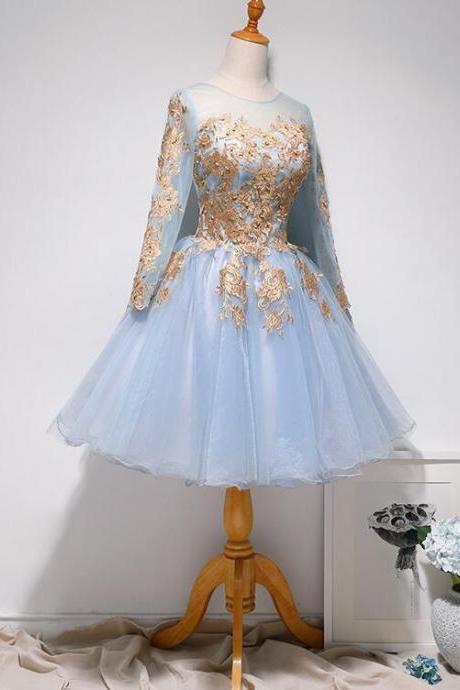 Light Blue Short Tulle with Lace Applique Party Dress, Blue Homecoming Dress Prom Dress