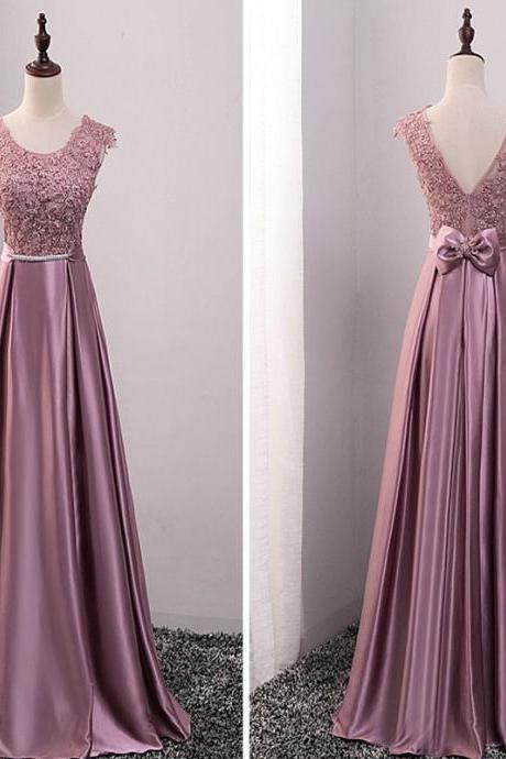 Pink Lace Top Satin Long Simple Bridesmaid Dress With Bow, Pink Floor Length Prom Dress