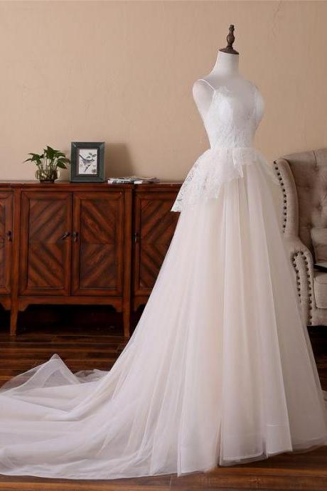 Lovely Ivory Tulle With Lace Straps Long Wedding Dress, Lace Wedding Party Dress