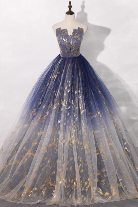 Unique Handmade Gradient Floor Length Long Party Dress, Ball Gown Blue Sweet 16 Dresses