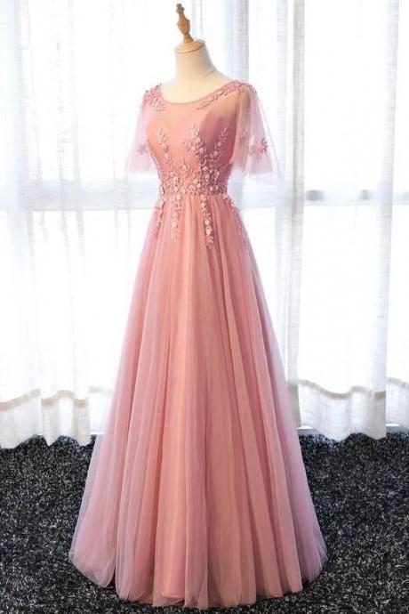 Pink A-line Short Sleeves Long Formal Dress, Pink Floor Length Bridesmaid Dress