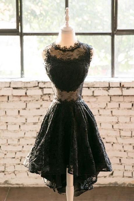 Black Lace High Low Short Party Dress, Round Neckline Black Homecoming Dress Short Formal Dress