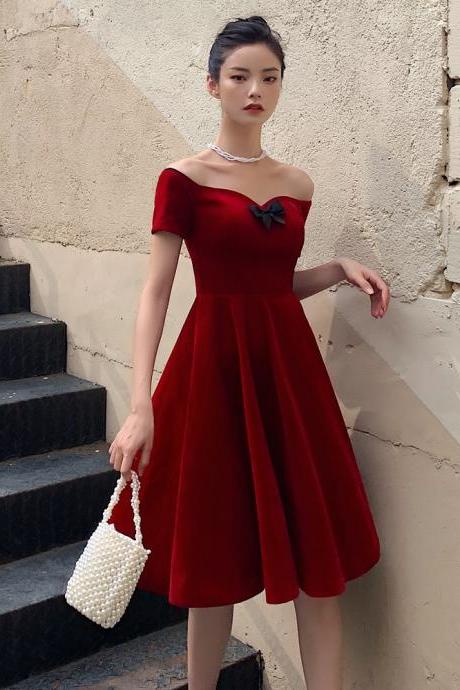 Lovely Wine Red Velvet Short Off Shoulder Wedding Party Dress, Cute Dark Red Prom Dress
