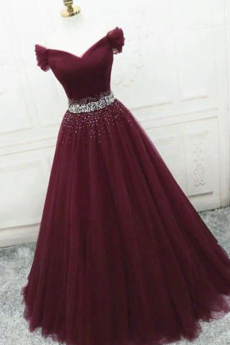 Burgundy Sequins Tulle Fashionable Tulle Long Party Dress, Off Shoulder Formal Dress