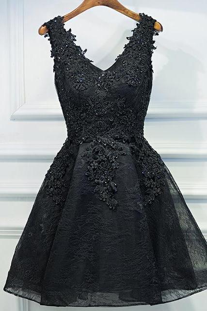 Lovely Black Lace Short Prom Dresses,black Applique Hoco Dresses,a-line Homecoming Dress