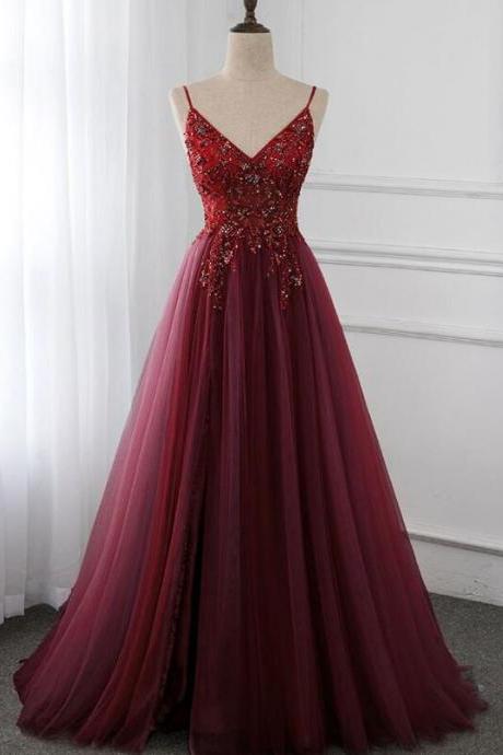 Beautiful Burgundy Long Tulle V-neckline Beaded Junior Prom Dress, Dark Red Party Dress