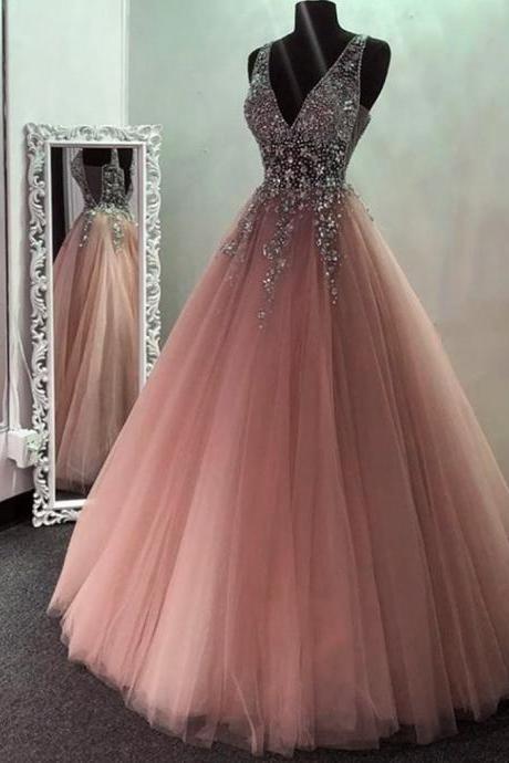 Pink V Neck Beadedtulle Long Prom Dresses, V Neck Formal Evening Dresses, Pink Ball Gown
