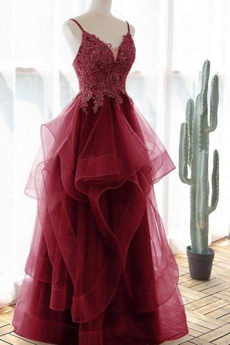Wine Red Style Straps Lace And Tulle Layers Prom Dress 2021, Burgundy Formal Dress