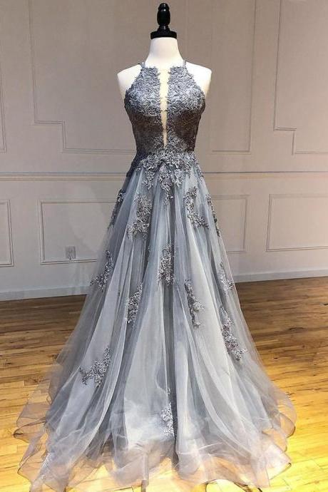 Charming Backless Lace Appliques Gray Long Prom Dresses, Backless Gray Lace Formal Dresses