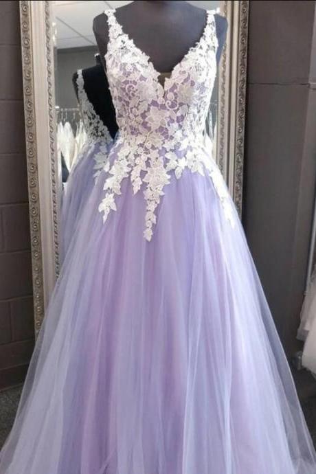 Light Purple V Neck Backless Lace Floor Length Prom Dresses, Purple Lace Formal Graduation Evening Dresses