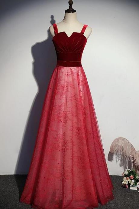 Lovely Tulle With Velvet Top Floor Length Red Prom Dress, Red Long Formal Dress