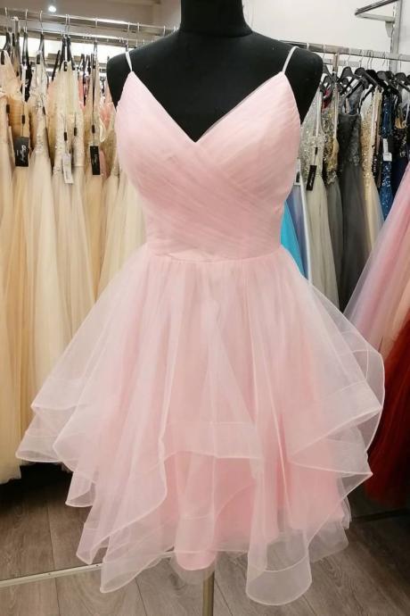 Pink Tulle V-neckline Short Layers Prom Dress, Pink Homecoming Dress Graduation Dress