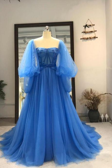 Blue Tulle Fashionable Sweetheart Long Party Dress, Blue Formal Gown Evening Dress