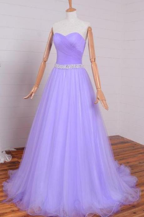 Lavender Sweetheart Simple Beaded Waist Long Party Dress, Tulle Evening Gown Prom Dress