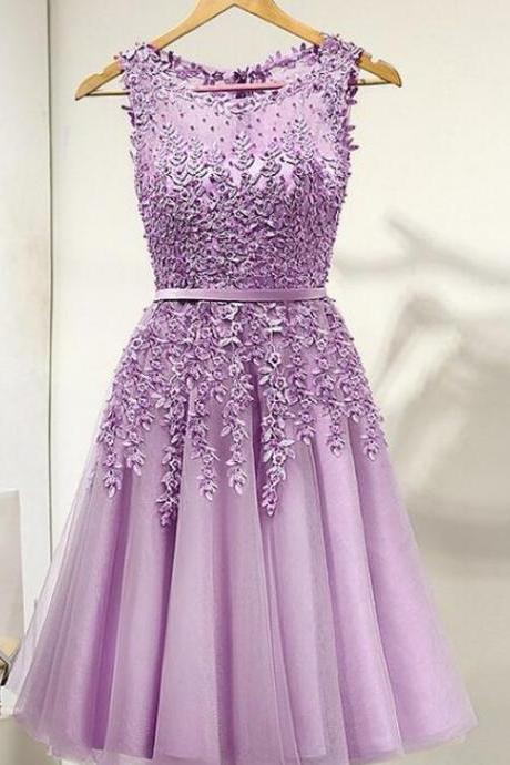 Lovely Purple Round Neckline Tulle Short Beaded Lace Prom Dress, Knee Length Homecoming Dress