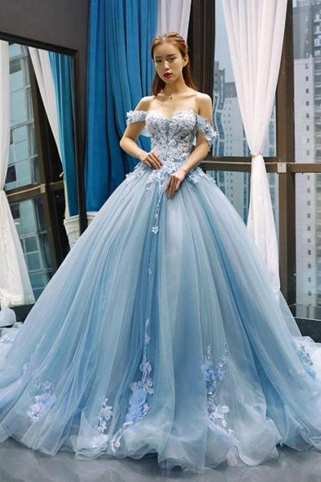Blue Flowers Puffy Sweetheart Flowers Lace Sweet 16 Gown, Off Shoulder Long Party Dress