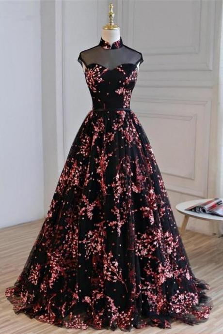 Charming Black Floral A-line Backless Long Wedding Party Dress, Black Formal Dress