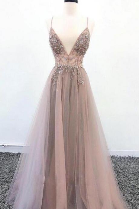 Fashionable Tulle Beaded Straps V-neckline Long Formal Gown, Prom Dress Party Dress 2021