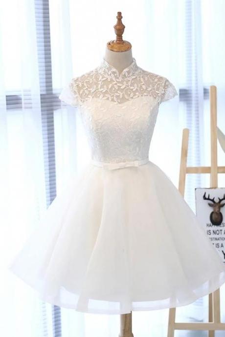 White Lace Short Cap Sleeves Prom Dress, Cute Short Formal Dress Graduation Dress
