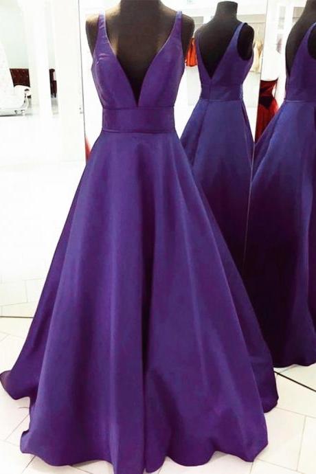 Purple Satin Open Back V-neckline Prom Dress, Purple Long Formal Dress Evening Dress
