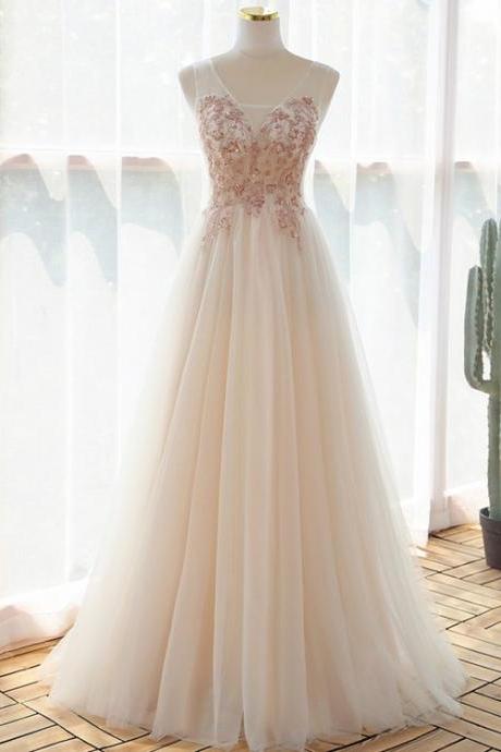 Charming Ivory V-neckline Floor Length Tulle Prom Dress, Beaded Formal Dress Evening Dress