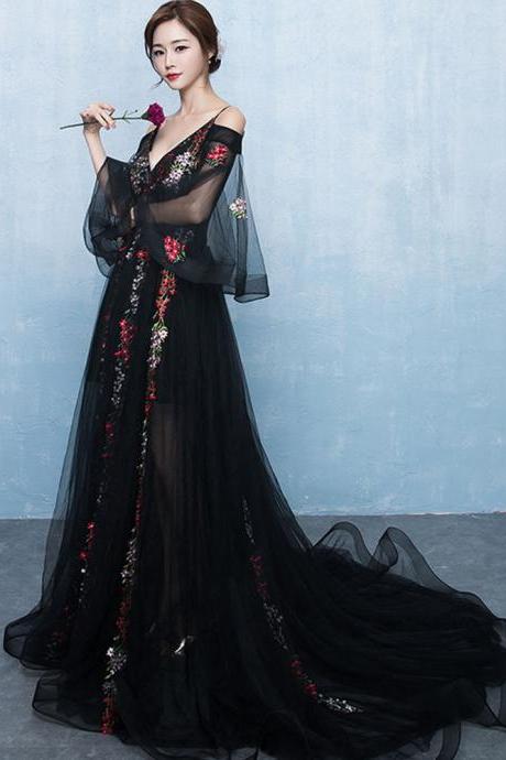 Elegant Black Lace Floral Tulle Off Shoulder Long Formal Dress, Black Evening Dress Prom Dress