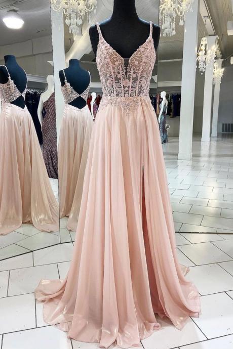 Pink Chiffon V-neckline Lace Long Party Dress, A-line Chiffon Low Back Formal Dress