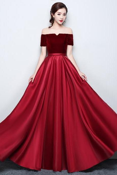 Dark Red A-line Short Sleeves Satin Long Party Dress, Long Formal Dress Evening Dress