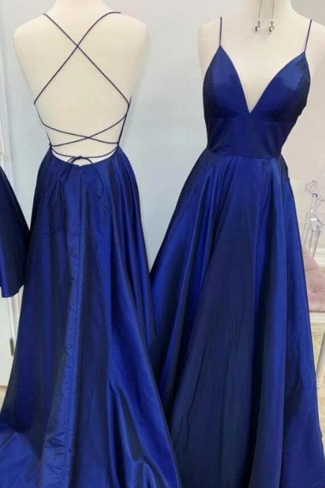 Blue Satin Open Back V-neckline Floor Length Prom Dress, Blue Evening Dress Party Dress
