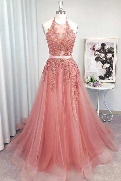 Pink Halter Tulle With Lace Applique Long Junior Prom Dress, Pink Formal Dress Evening Dress