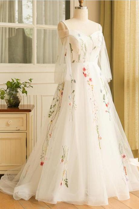 Lovely White Tulle Floral Long Sweetheart Straps Long Wedding Party Dress, White Evening Dress