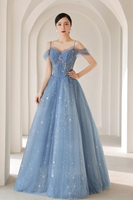 Blue Tulle Off Shoulder Beaded Long Party Dress, Blue A-line Floor Length Prom Dress